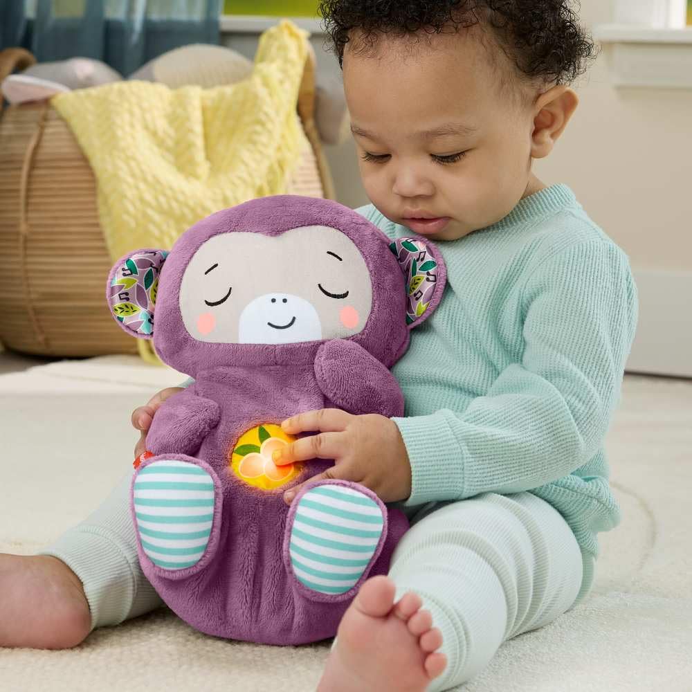 Fisher-Price Baby-Spielzeug Lila Schlummer-Affe, tragbare Plüsch-Spieluhr mit Atembewegungen und Lichtern für Neugeborene ab einem Alter von 0 Monaten, JLH41 3