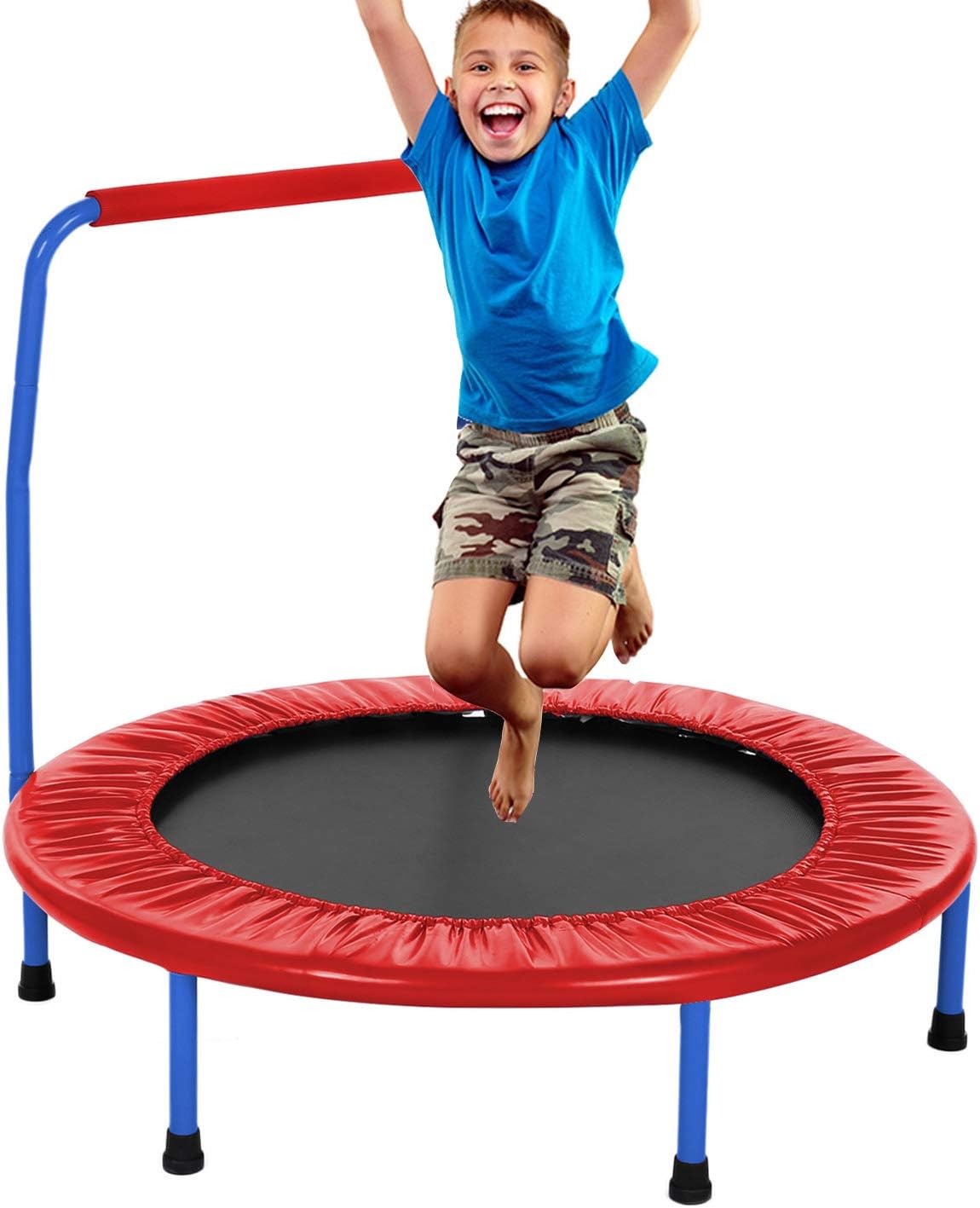 Eloklem Portable & Foldable Fitness Workout Mini Rebounder Trampoline with Adjustable Handrail for Indoor Garden Workout Cardio Exercise