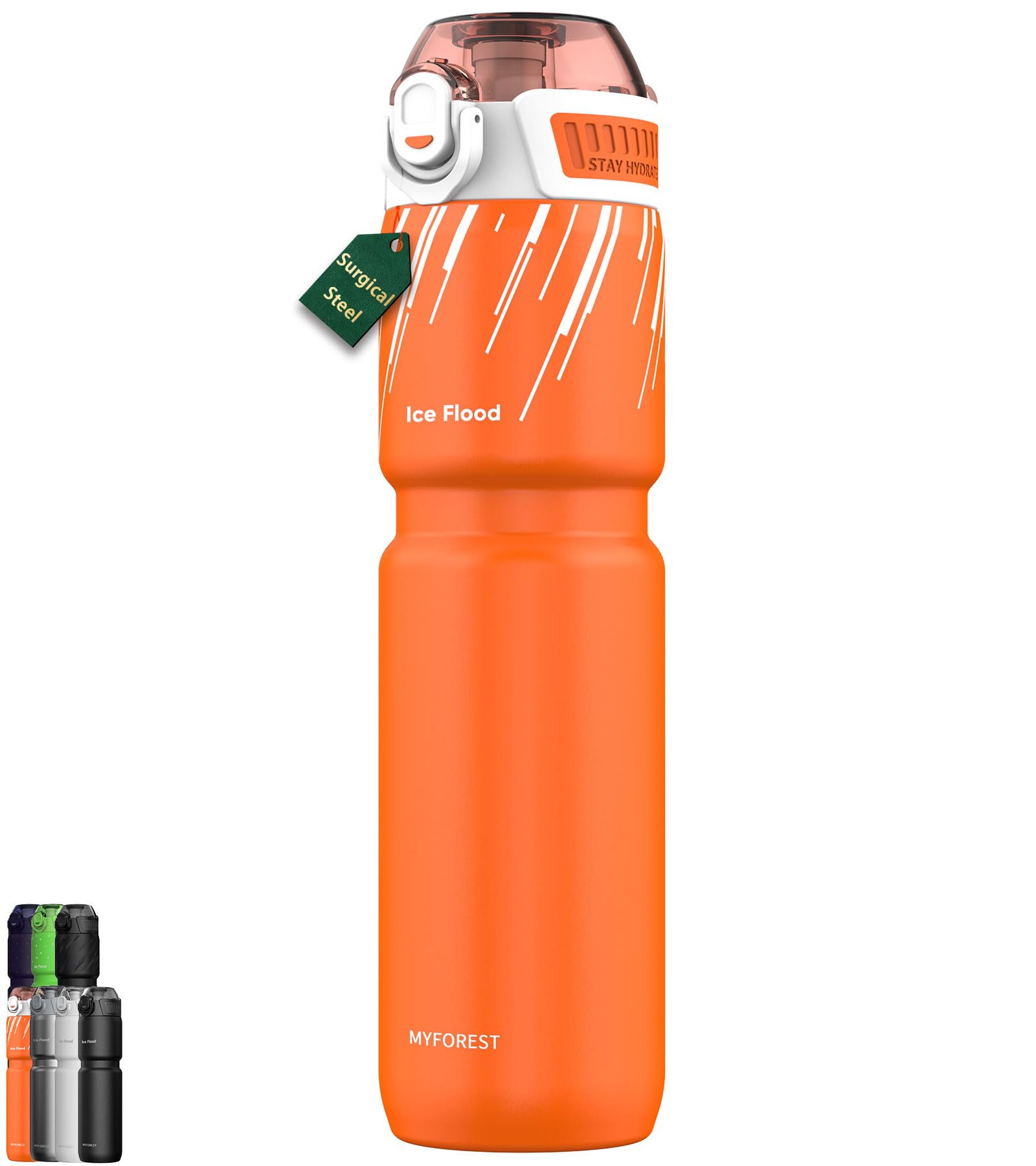 MYFOREST 24oz/700ml Insulated Bike Water Bottle, Odor-Free Surgical Steel Liner, Stronger Grip for Rough Trails, Quick-Open Gulp/Straw 2-in-1, Dirt Cap (Energy Orange)