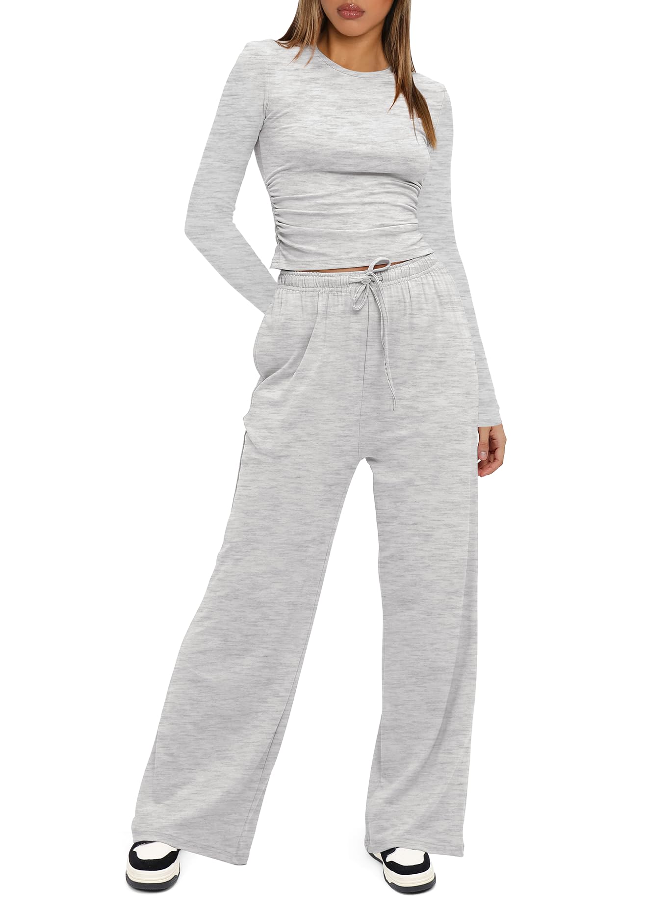 Darong Women's 2 Piece Lounge Sets Long Sleeve Tops Wide Leg Pants Casual Outfits Pajama Set Fall Collection 9065A White Grey M - Image 3