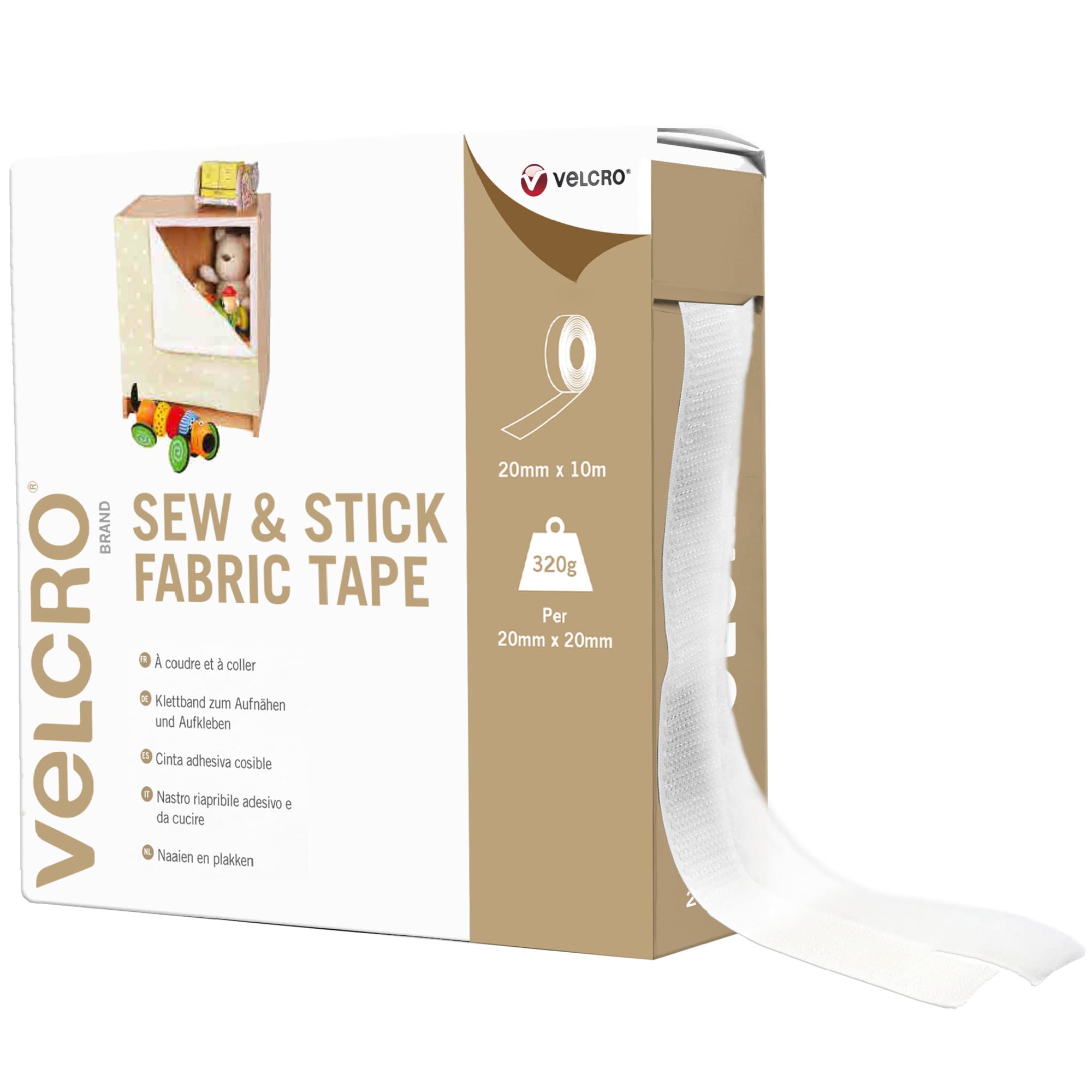 VELCRO® Brand | Sew & Stick Fabric Tape | Cut-to-Length Strong Hook & Loop Self Adhesive Sticky Tape Perfect for Crafting, Clothing Repairs & Hemming | White | 20mm x 10m