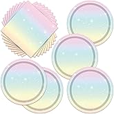 Egami 40pcs Pastel Birthday Supplies,include 20 Dessert plate and 20 Napkin,Rainbow Party Plate Napkin Set,Used for Rainbow Party Decoration