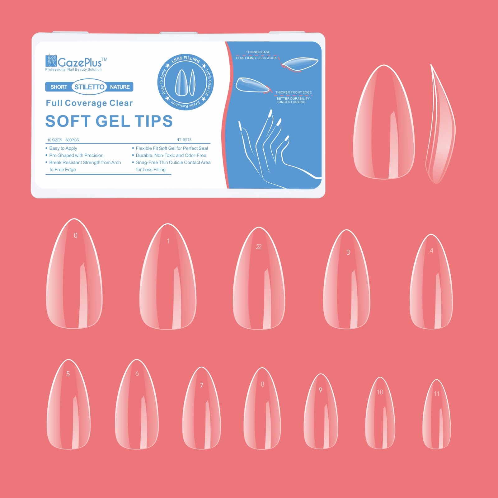 Photo 1 of ***2 pack***GazePlus Nail Tips, 600Pcs 10-size Short Stiletto Fake Nail Tips, Full Coverage Clear Soft Gel Nail Extension Tips Setfor Acrylic Nails False Nail for DIY at Home Nail Salon