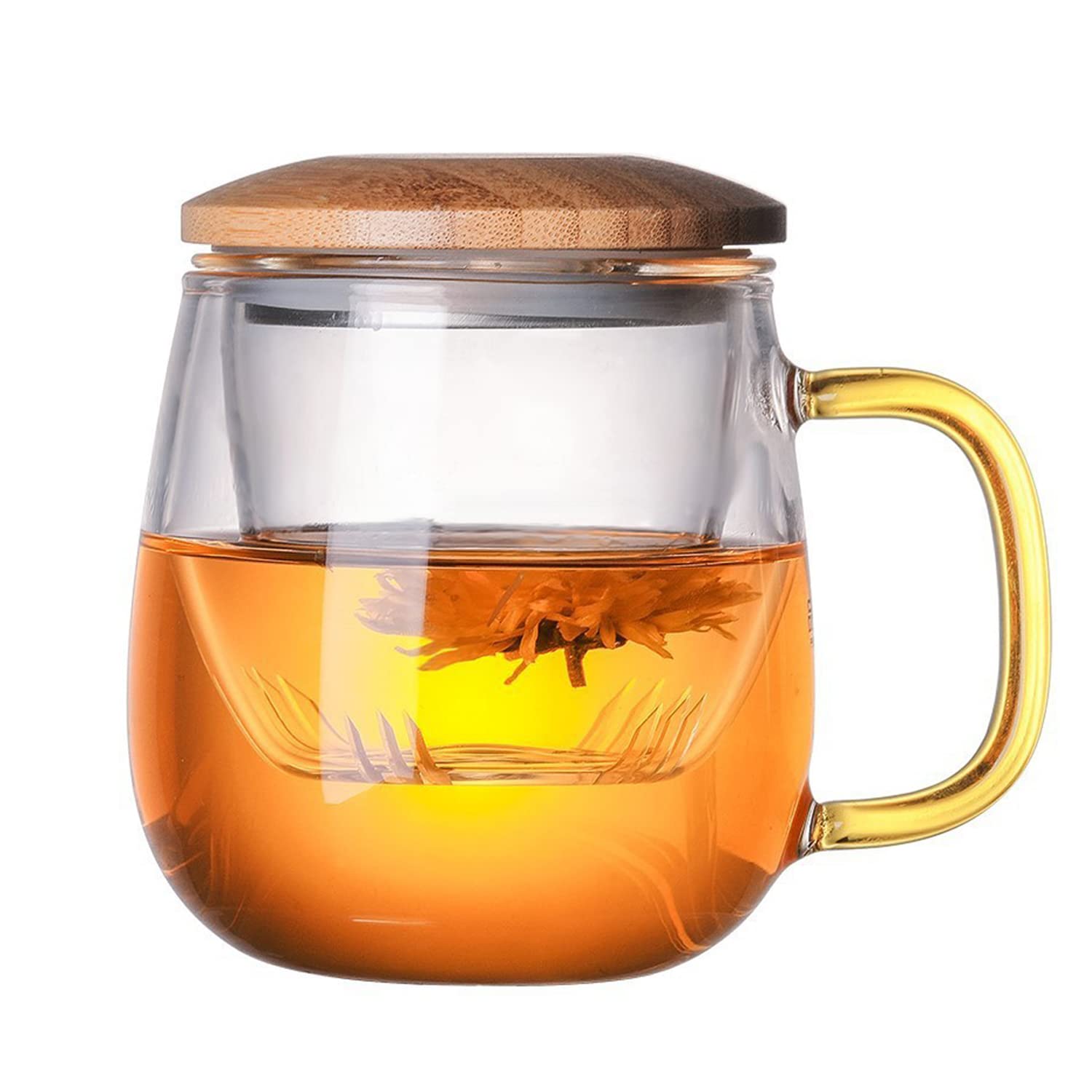 Hniuyun Glass Tea Infuser Cup with Strainer and Lid for Loose Leaf, Blooming, and Tea Bag (14.2oz/420ml)