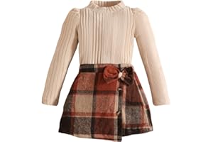 Axumity Toddler Kid Girls Plaid Outfits Girls Long Sleeve Knit Ribbed Shirt Tops Plaid Skirt Set Fall Winter Clothes