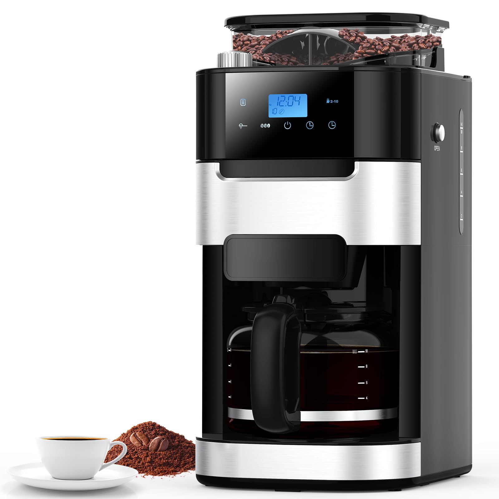 Photo 1 of Joy Pebble 10-Cup Drip Coffee Maker with Built-in Grinder, Touch-Screen Programmable Brew Coffee Machine with Timer, 8 Grinding Settings, Reusable Filter, Keep Warm Plate, 50.7oz Water Tank