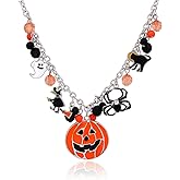 XOCARTIGE Halloween Pumpkin Pendant Necklace Witch Cat Charms Necklace Party Ghost Long Chain Necklaces for Women