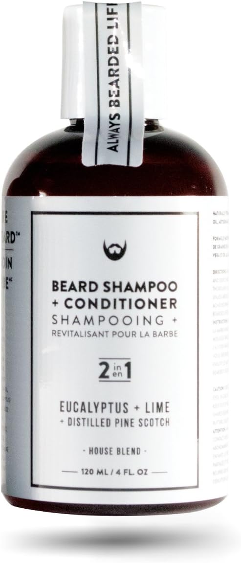 2-in-1 Beard Shampoo and Conditioner: Eucalyptus + Lime with Distilled Pine Scotch - 4 oz. Rich Foaming Action. All-Natural CertClean Certified Formulation Free of SLS, SLES, DEA, Parbens.