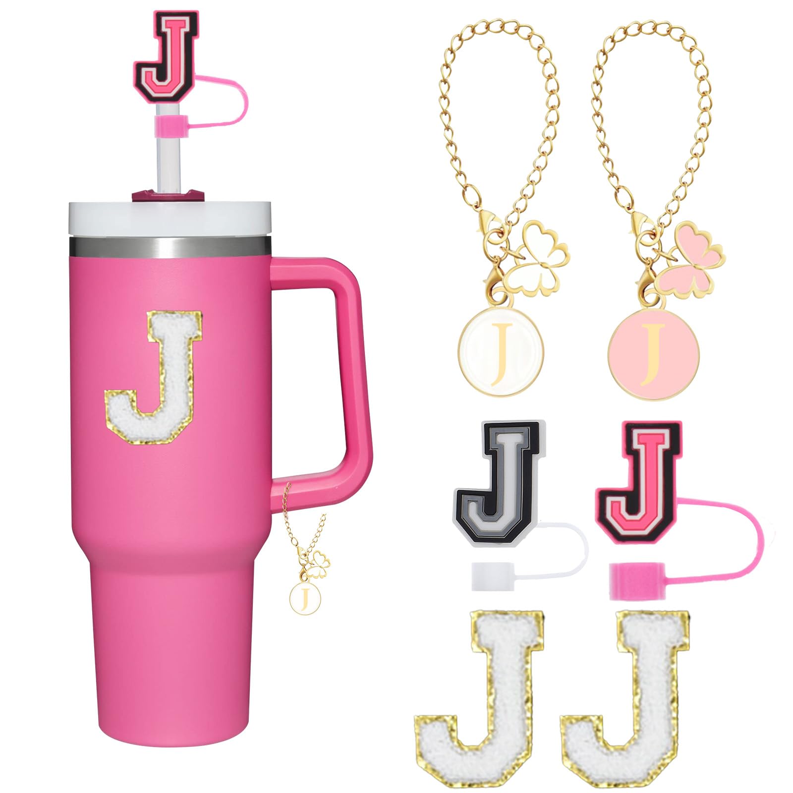 Reusable Straw Cover for Stanley Cup Accessories,2Pcs Dustproof Straw Covers with Letter Charms and Personalized Name Stickers(J)