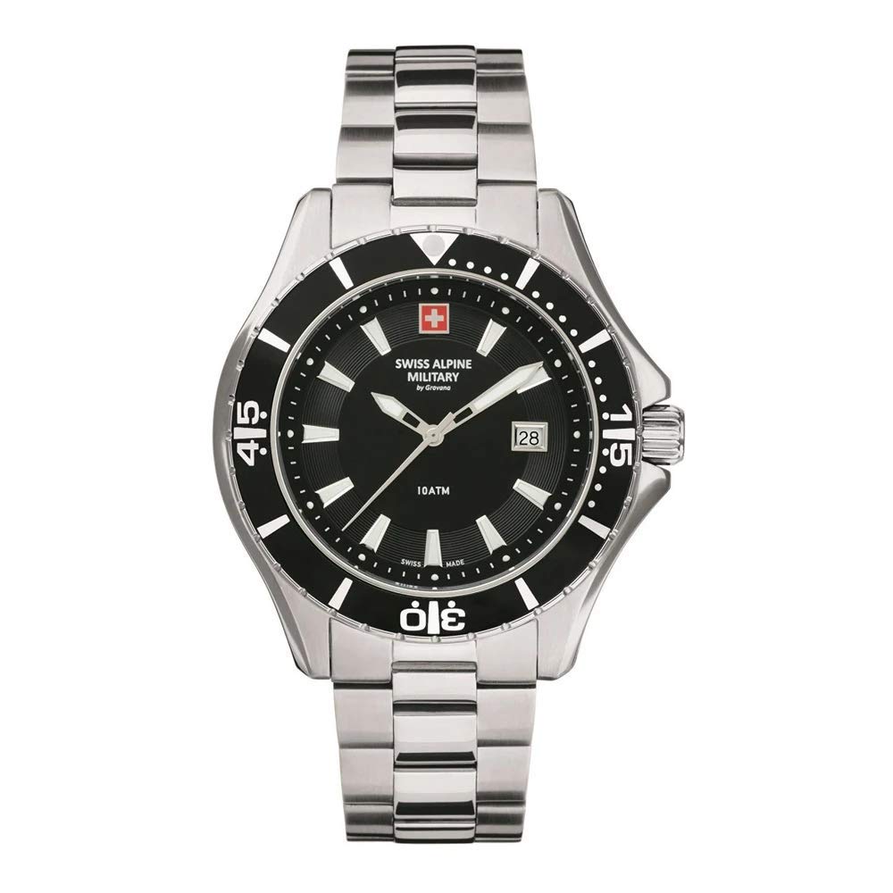 swiss alpine military Men's Watch Analogue Quartz 7040 Stainless Steel, Steel/Black/Black - 1137sam, Bracelet