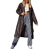 chouyatou Women's Casual Lapel Open Front Pu Faux Leather Long Trench Coat with Belt