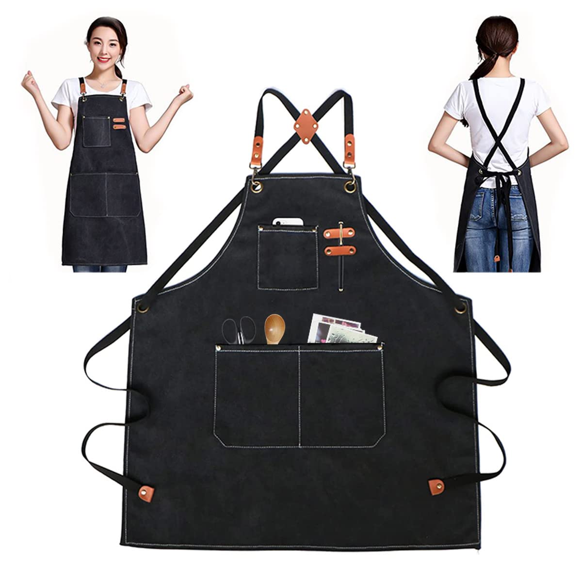 GTDOOCE Apron Cooking Apron, BBQ Apron, Canvas Jeans Apron with Cooking Apron, Kitchen Apron, Cooking Apron, BBQ Apron, Bib Apron, Waiter's Apron with Pockets, Unisex Apron, black, 78x57cm