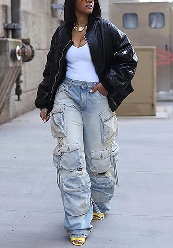 Lucuna Women's Cargo Pants Y2K High Waist Baggy Jeans Flap Pocket Loose  Denim Pants Streetwear
