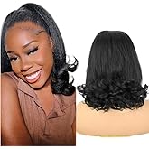 UAmy hair Flick Ponytail Extension 14 inch Yaki Straight Drawstring Ponytail for Black Women Shoulder Length Natural Black Synthetic Kinky Straight Hair Pony Tail with Tail Warping(1B)