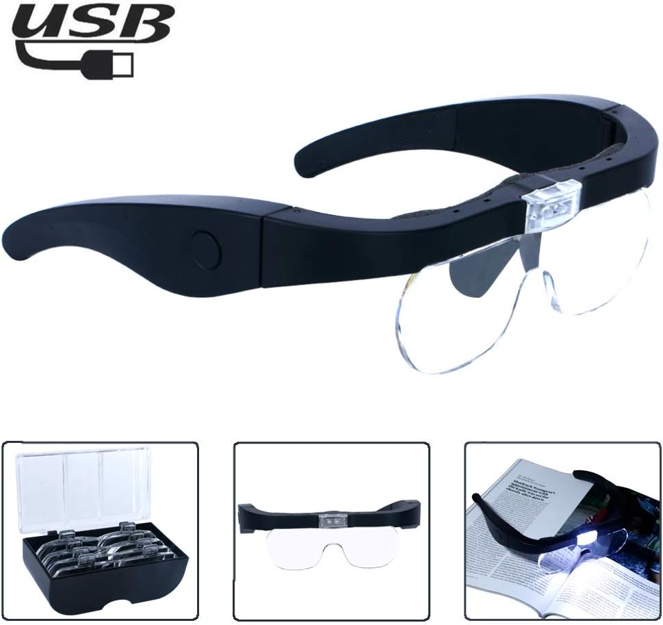 Head Magnifying Glass, USB Charging Hands Free Headband Magnifier with 2 LED Lights for Jewelry Craft Repair Watch Hobby and 4 Detachable Lenses 1.5X, 2.5X, 3.5X, 5X (Upgraded Version)