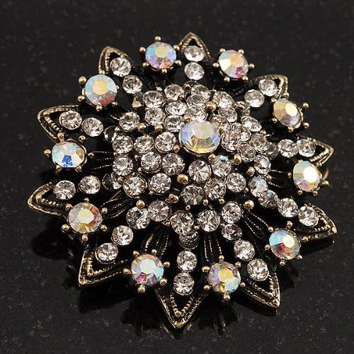 Clear/Iridescent Crystal Dimensional Floral Corsage Brooch (Antique Gold Tone), white / ivory, gold - Image 5