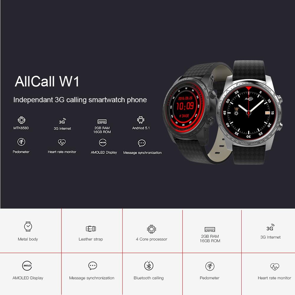 Allcall W1 Smartwatch con ranura para tarjeta SIM 3G WCDMA MP3 MP4 ...