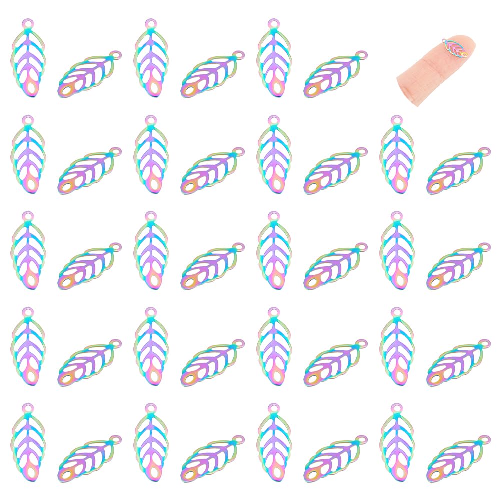 UNICRAFTALE 50pcs Rainbow Leaf Pattern Charms Stainless Steel Hollow Leaf Charm Metal Leaves Pendant for Spring Fall Earring Necklaces Bracelet Jewelry Making