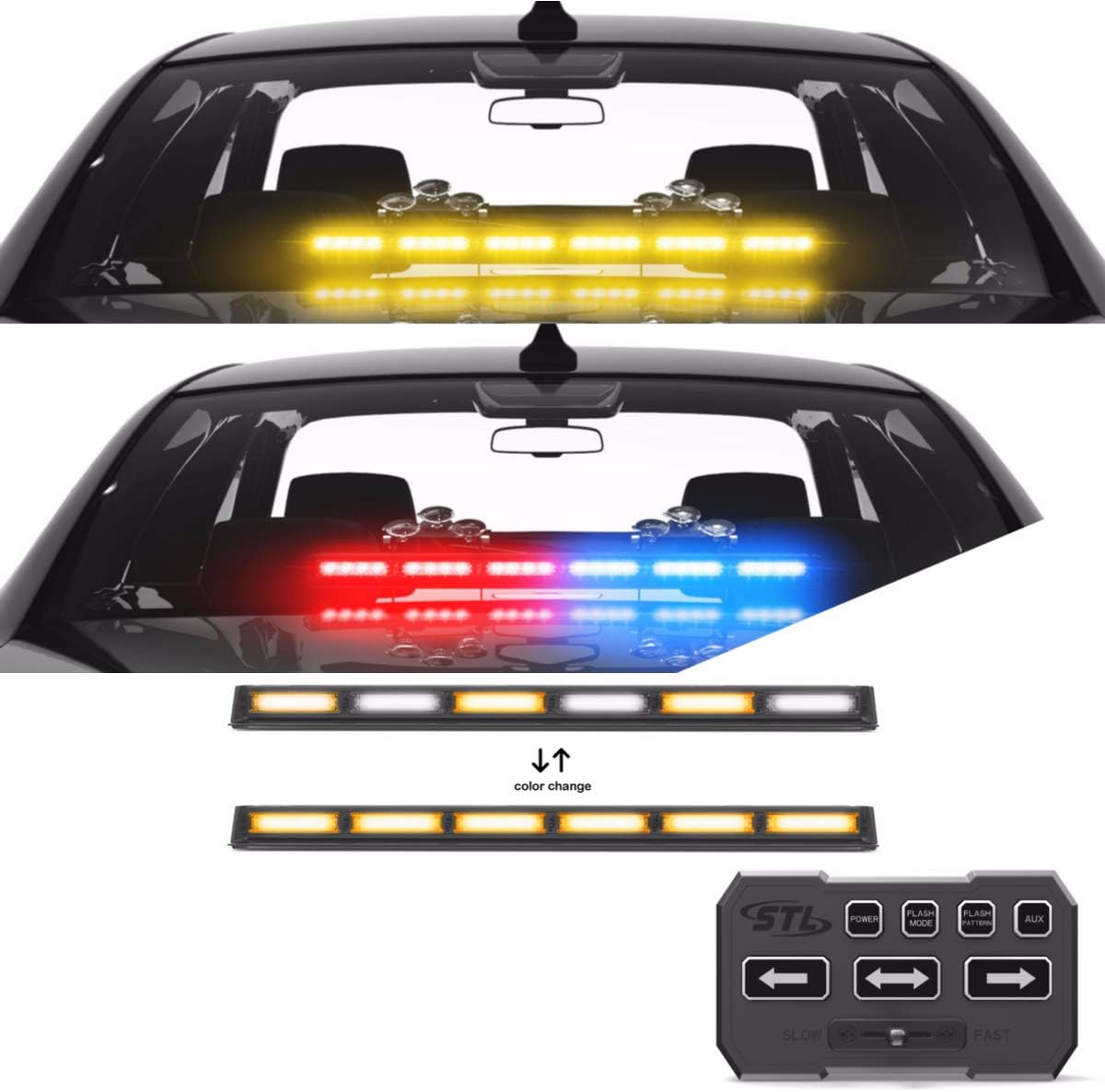 SpeedTech Lights Multicolor Striker TIR 6 Head LED Traffic Advisor Windshield Mount Strobe Light Bar for Emergency Vehicles/Hazard Warning Directional Flashing - Amber/Clear Alternating - Amber