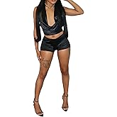 Geulis Womens Satin 2 Piece Short Sets Sexy Cowl Neck Backless Tie Back Halter Crop Top Matching Mini Shorts Club Outfits