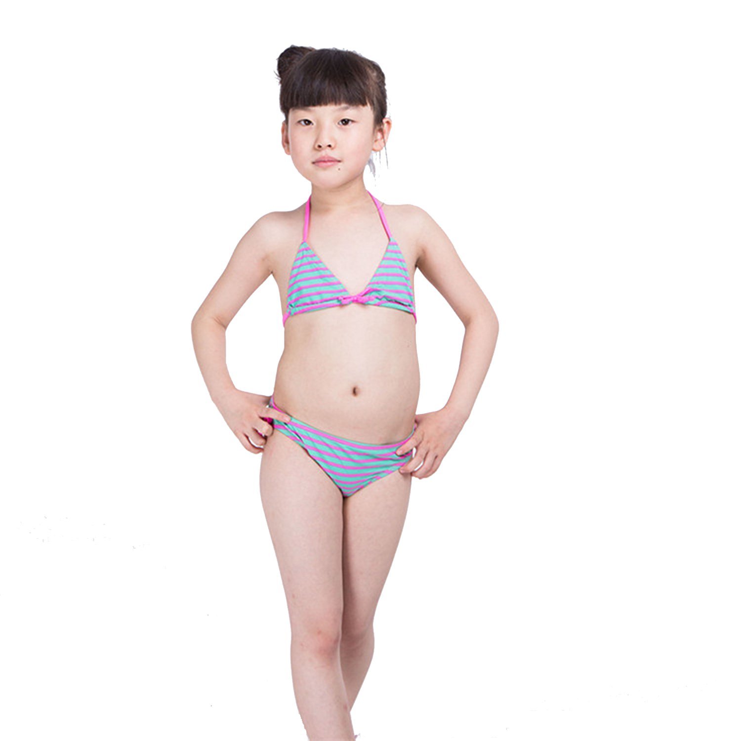 Minipark Girls Bikini Swimwear Tight Nylon High Elasticity Rose Green Striped Children Swimwear Print Swimsuit Two Pieces Bikini Summer Beach Bowknot Bikini Set Buy Online In Japan At Desertcart Jp Productid