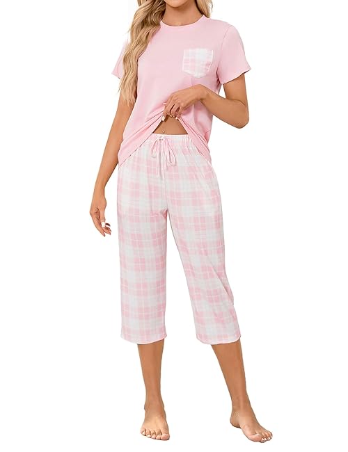 TeJoyce Womens Pyjama Sets Cotton Short Sleeves and Capri Pants Loungewear Summer Sleepwear Set Soft Comfort Plaid Women's Pjs Set Pink