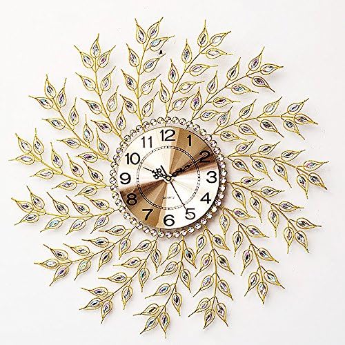 Lomoclock Wall Clock Mute Sun Movement Sweep Second Slient for Living Room Bedroom Kitchen AA Battery Golden Leaves Acrylic Diamond Leaves Sunburst Metal 27 Inch (Battery not included)