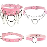 Dumcondy 4Pcs Halloween Cool Steampunk Love Heart Shaped Gothic Goth Punk Rock Rivet Spike Studded PU Leather Choker Collar Necklace Sets for Women Lady Adjustable Cosplay Jewelry Night Club Party Costume Accessory Chocker Gift Black