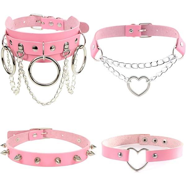 thumbnail image 2 of PU Leather Choker Collar Pink Adjutable Rivet Necklace Handmade Lider 2 of 13