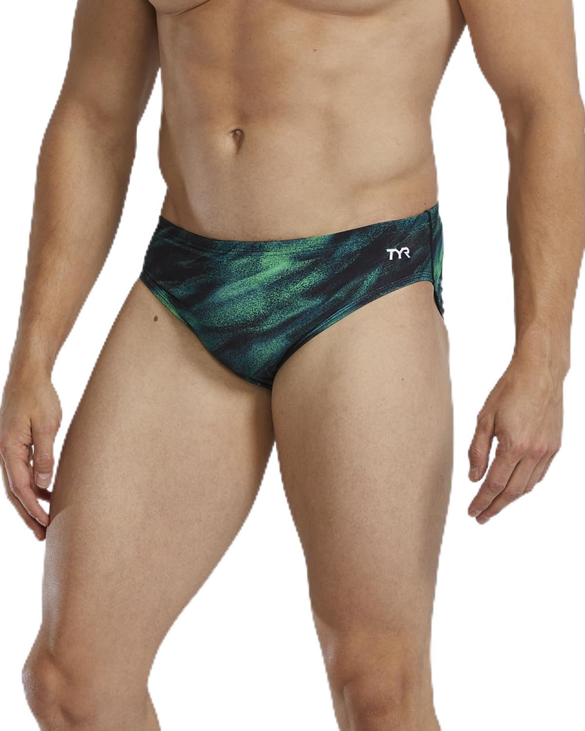 TYR Men’s Standard Durafast Elite Racer Brief Swimsuit, Green/Soren, 32