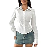 WDIRARA Women's Long Sleeve Button Down Shirts Collared Blouse Dressy Work Tops