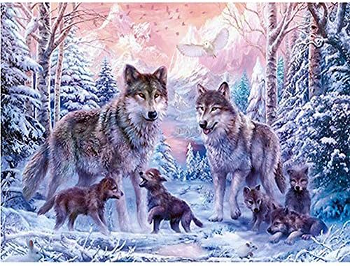 Goose Down Cloth DIY 5D Diamond Painting Kits Full Drill Wolf Family, Paint-by-Number Diamond Art Craft Pictures for Home Wall Decor, Family Activities and Emotion Adjustment(30X20CM/11.8X7.9inch)