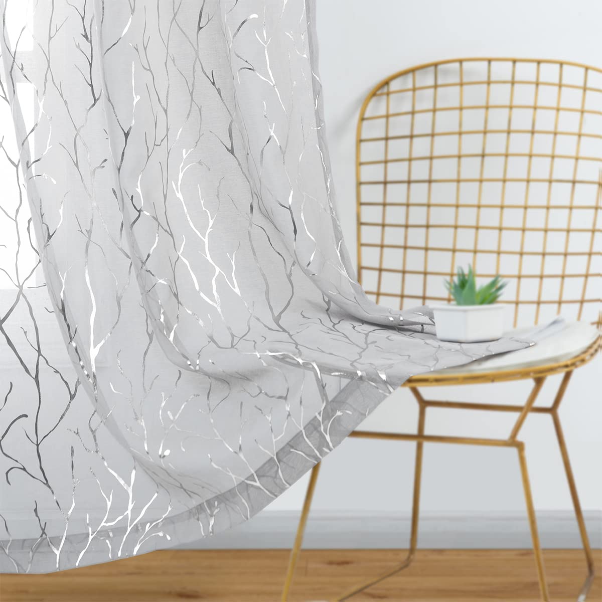 Kotile Tree Pattern Sheer Curtains - Metallic Silver Branch Printed Grommet Grey Sheer Curtains 63 Inch Length Light Filter Voile Drapes for Bedroom, 52 x 63 Inch, 2 Panels, Gray