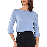 Allegra K Satin Blouse for Women Dressy Casual Top Boat Neck 3/4 Sleeve Business Work Shirt