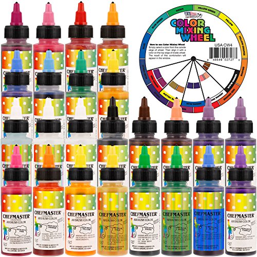 U.S. Cake Supply by Chefmaster Deluxe 24 Color Airbrush Cake Color Set - 2 fl. oz. Bottles & Bonus Color Mixing Wheel