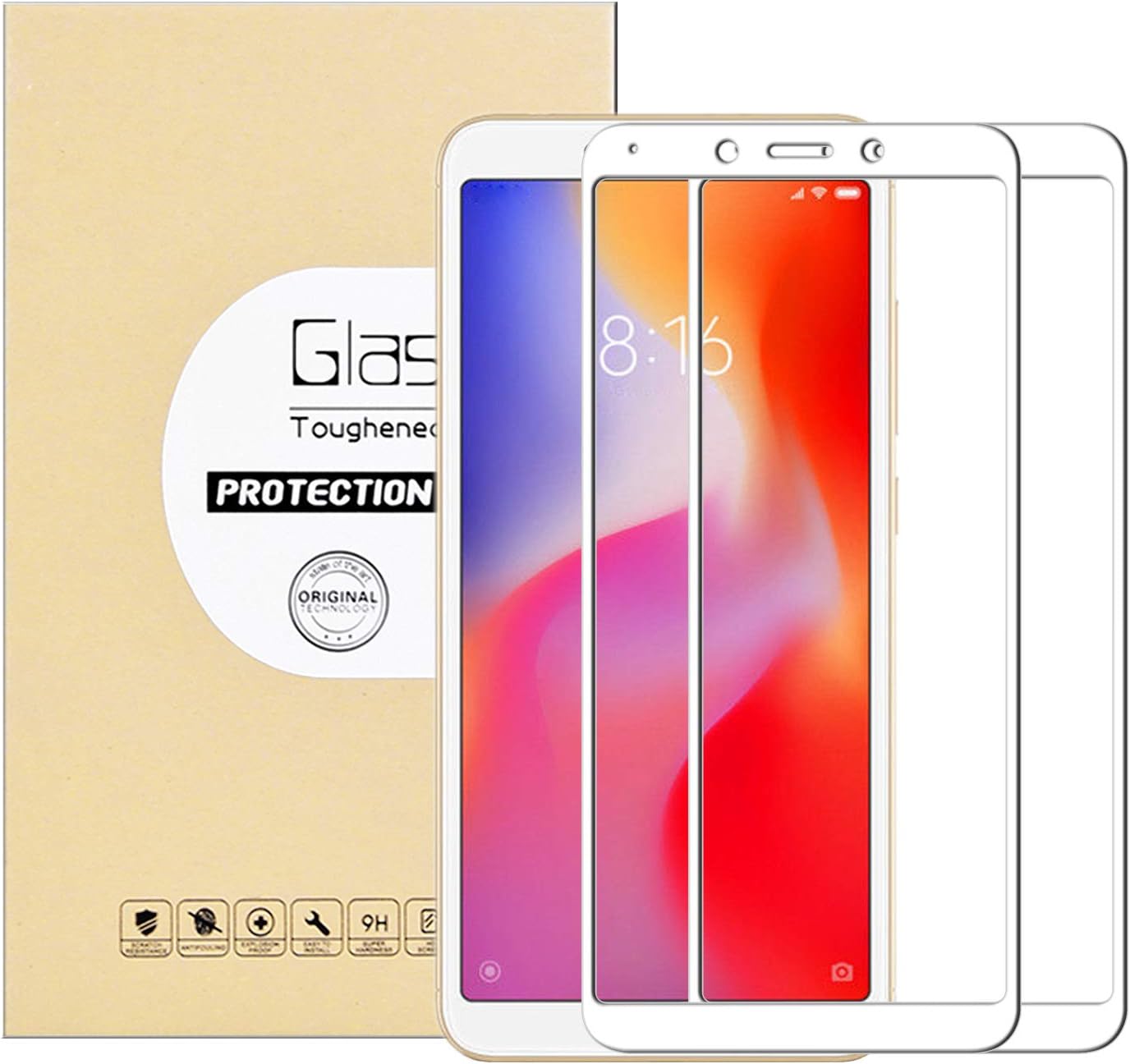 KTTWO Xiaomi Redmi 6 Screen Protector Glass, (2PACK) Full Cover Anti-Scratch Bubble-Free Tempered Glass Screen Protector with Full Glue for Xiaomi Redmi 6/6A 5.45โ Screen (White)