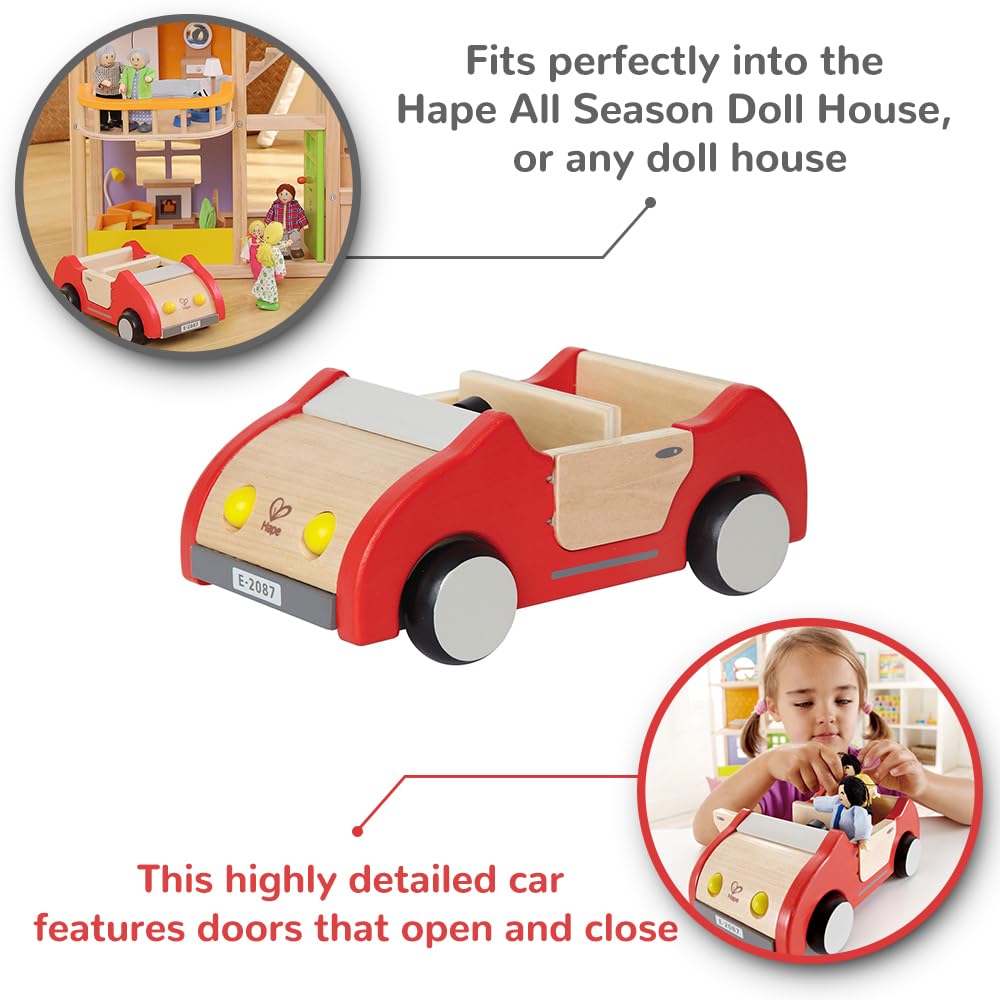 Hape Wooden Doll House Family Car| Toy Vehicle Seats up to 4 Figures for Complete Doll House Furniture Set