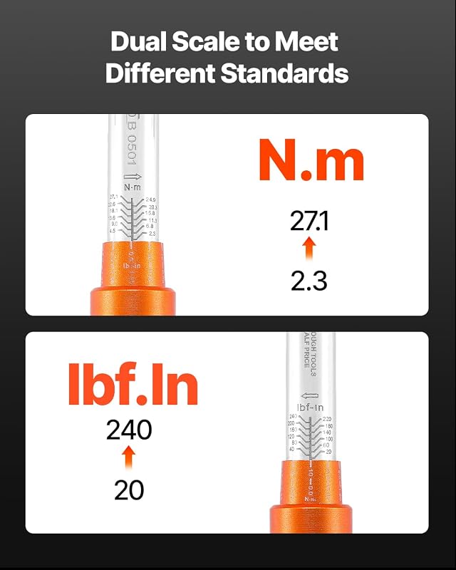 Juego de Llaves Dinamométricas de Clic Accionamiento de 1/4" 2,3-27,1 Nm 72 Dientes Escalas de Doble Dirección y Doble Rango con Puntas, Vasos, Adaptadores y Barra de Extensión, Naranja
