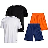 RBX Active Boys Short Sets - 4 Piece Dry Fit Performance Crewneck Short Sleeve T-Shirt and Shorts Boys Athletic Sets (8-20)