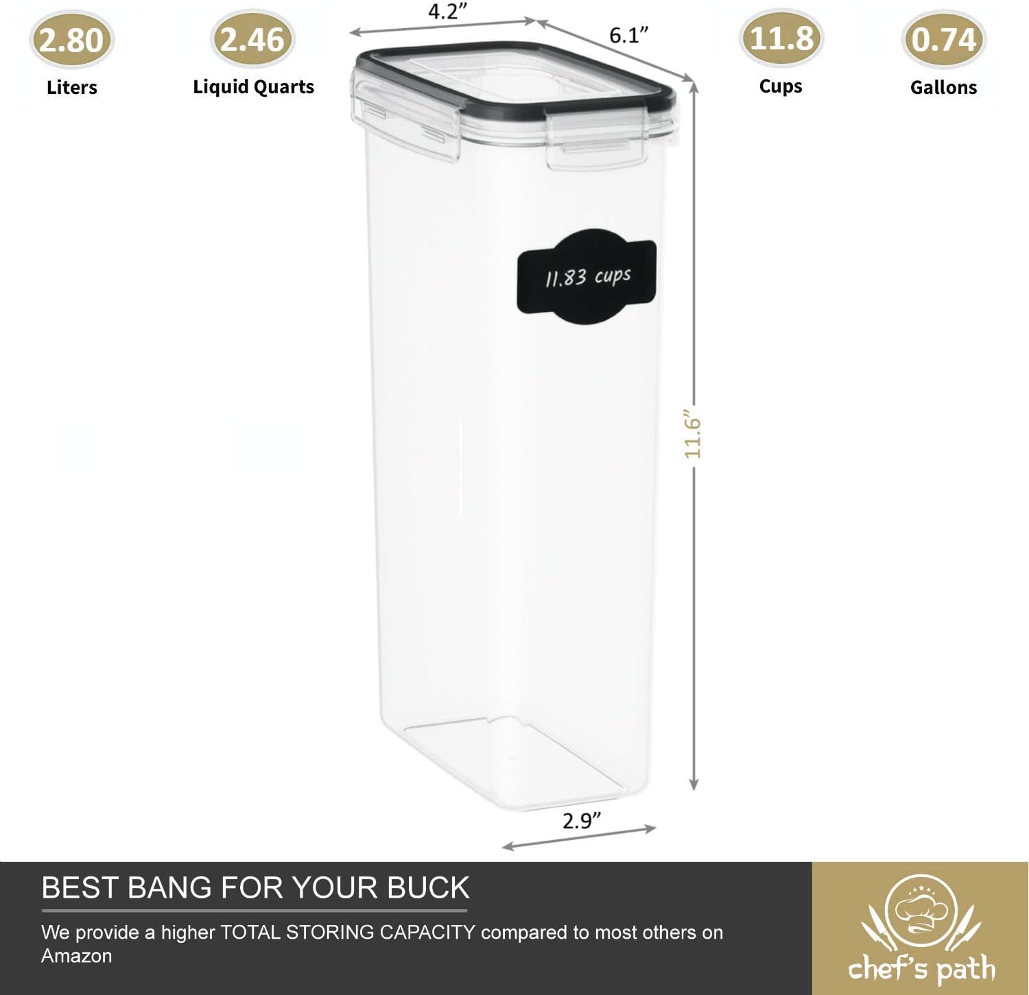 Chef's Path Airtight Tall Food Storage Container Set - Ideal for Spaghetti, Noodles & Pasta - 4 PC/All Same Size - Kitchen & Pantry Organization - Plastic Canisters with Durable Lids (Black): Kitchen & Dining