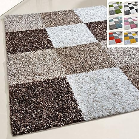 Flauschiger Teppich Langflor Hochflor Shaggy Teppiche Modern Wohnzimmer Flokati Kariert Karo | verschiedene Maße | Kinderzimm
