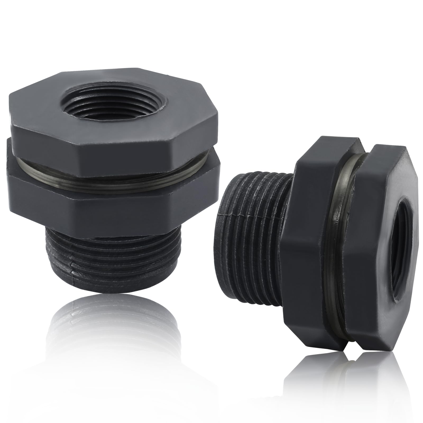 Photo 1 of Rierdge 2 Pack 3/4” PVC Bulkhead Fitting for Rain Barrels, Aquariums - Dark Grey