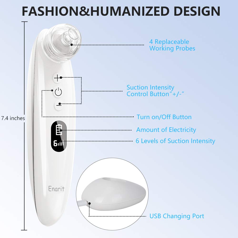 Blackhead Remover Pore Vacuum, Enarit Electric Blackhead Remover Vacuum with Base, Facial Blackhead Extractor Tool, USB and 4 different Suction Head Shape, LED Display 6 Level(White): Beauty