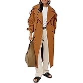 Farktop Womens Oversized Long Trench Coat Double Breasted Lapel Windproof Overcoat with Belt