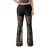 GORGLITTER Women's Plus Size Floral Lace Sheer Rave Pants Sexy High Waisted Mesh Flare Pants