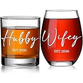 Hubby and Wifey Gifts Stemless Wine Glass,Wedding Gifts for Couple,Friends,Newlyweds,Mr and Mrs Cups for His Her,Bridal Shower Gift for Bride and Groom,Married Gift for Christmas,Housewarming-95