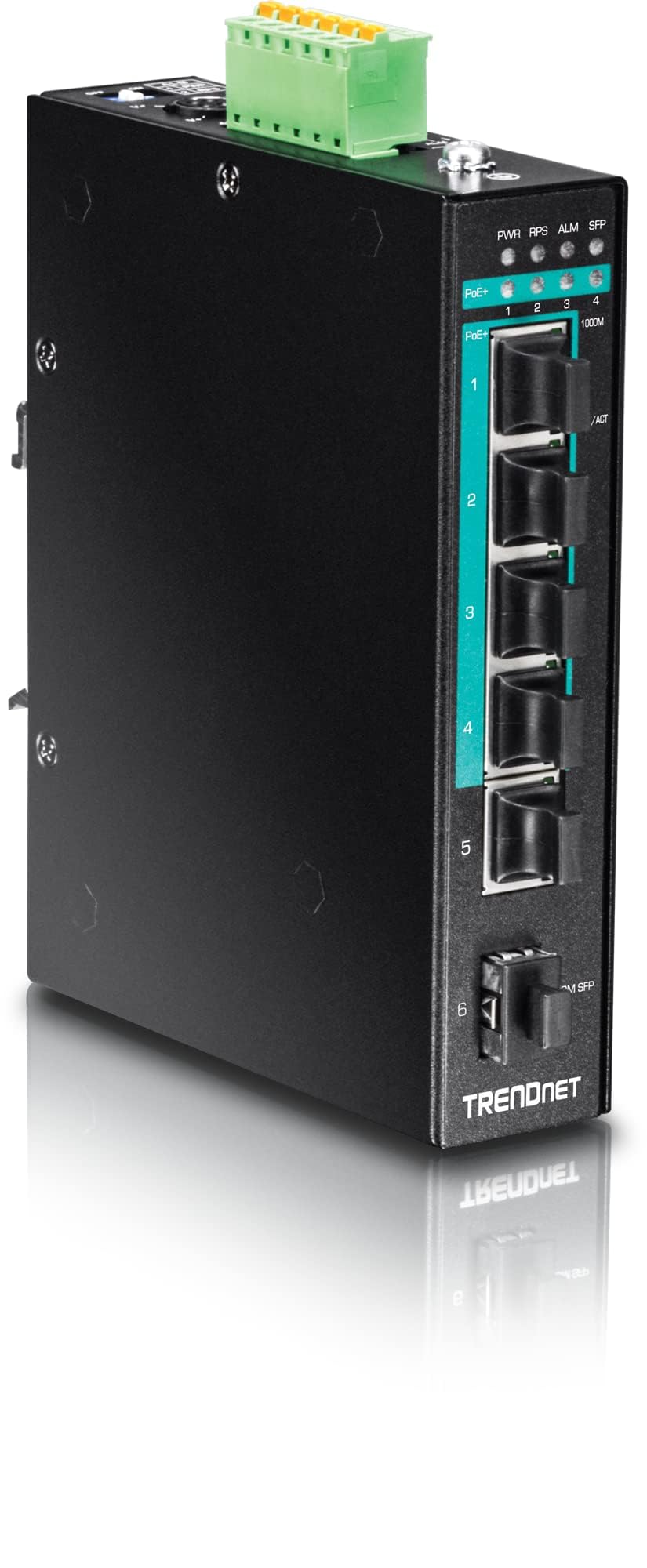 TRENDnet 6-Port Hardened Industrial Gigabit PoE+ Layered 2 Managed DIN-Rail Switch, TI-PG541i, 4 x Gigabit PoE+, 1 x Gigabit, 1 x Gigabit SFP Slot, IP30 Rated, 120 W Power Budget