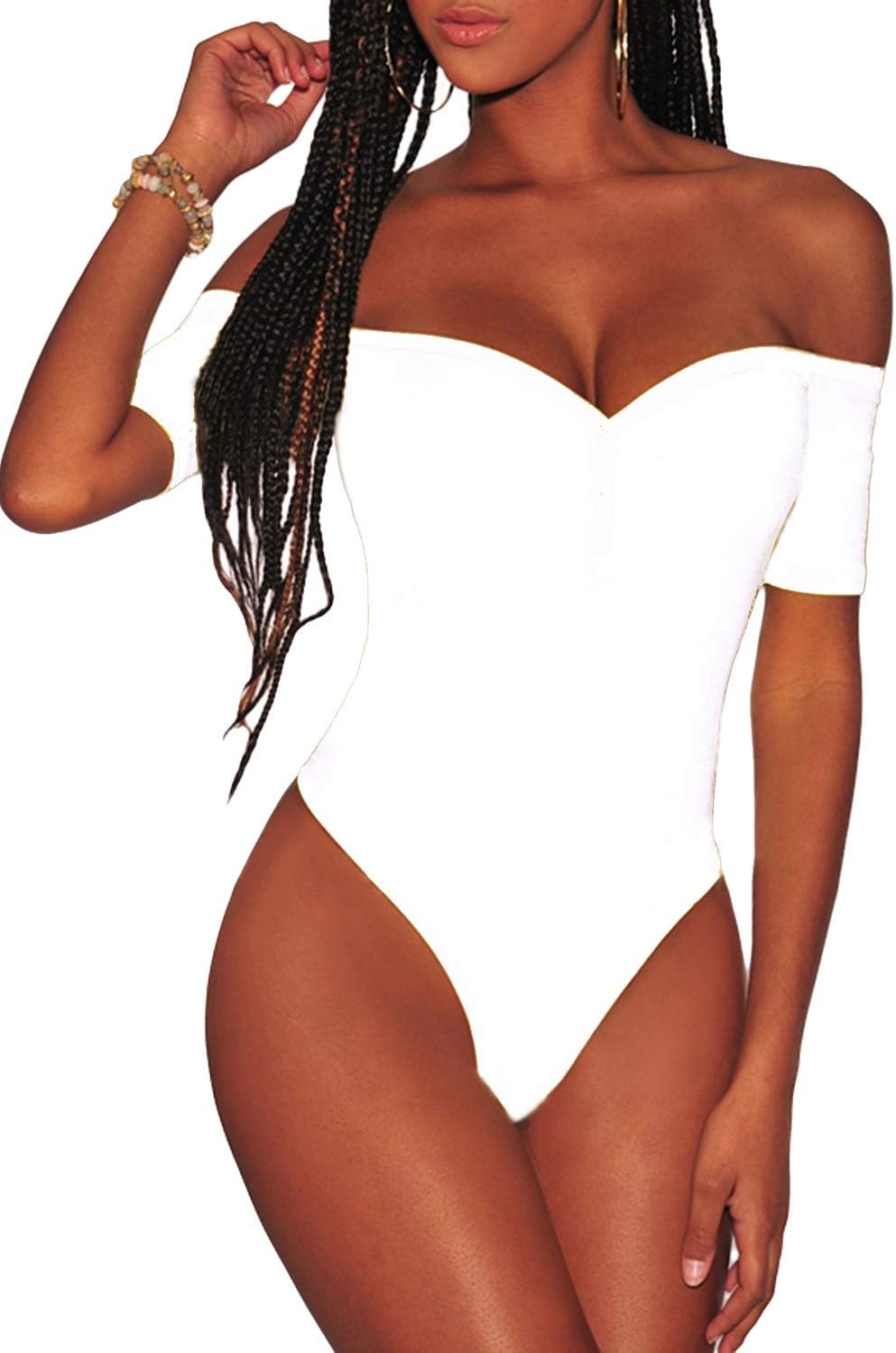 Women’s Off Shoulder Short Sleeve Bodysuit Sexy Stretchy Bodycon Top
