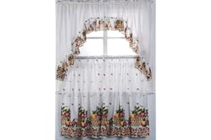 Diamond Home Linens 3PC Printed Kitchen Curtain Tiers and Swag Valance 36" Long Set (Multicolor/Fruit Basket)