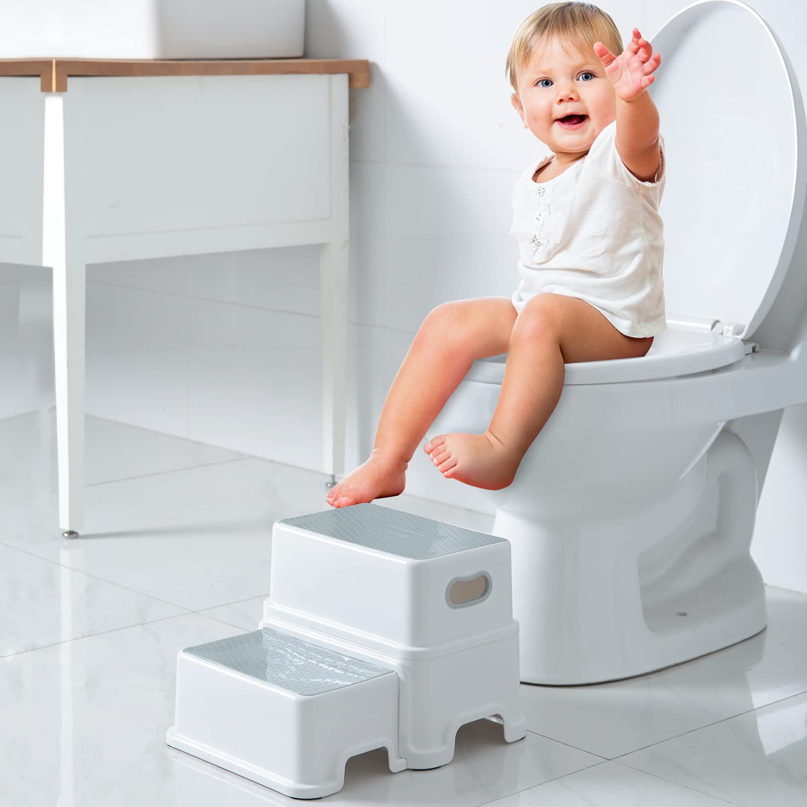 Victostar Toddler Step Stool,2 Kids Step Stool for Bathroom Sink,Baby Potty Stool with Anti-Slip Surface and Rubber Bottom,Plastic Stool with Handle for Toilet Potty Training Bathroom Kitchen